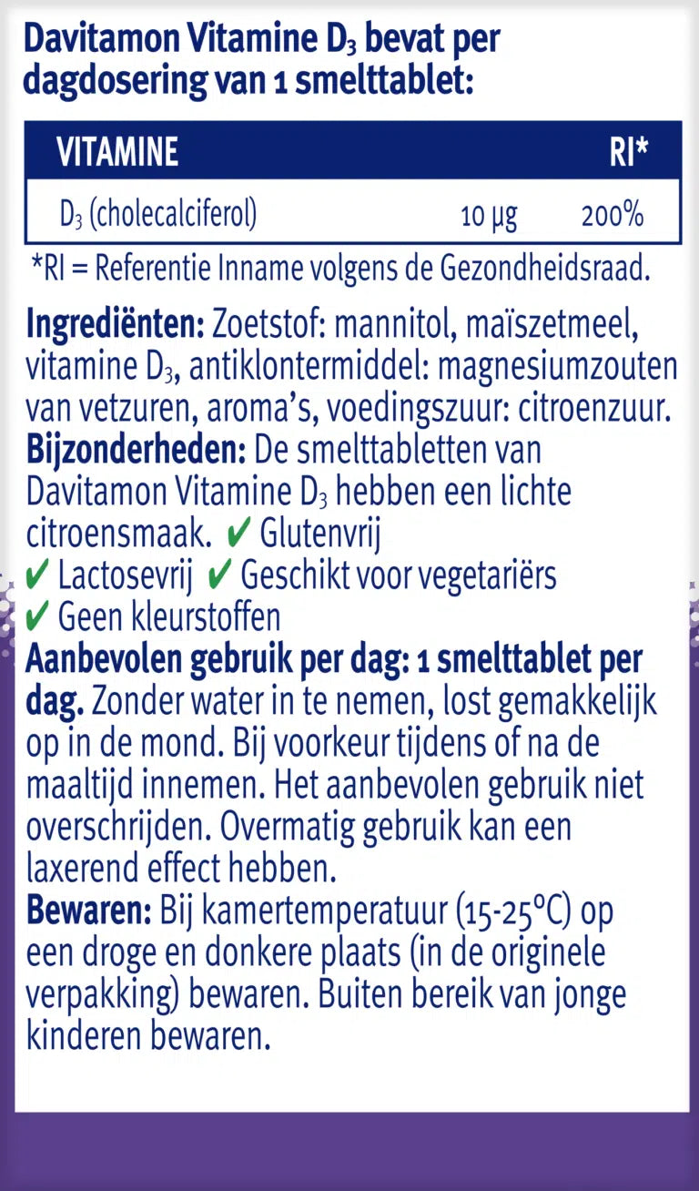 Davitamon Vitamine D3 volwassenen 10mcg (75 smelttabletten)