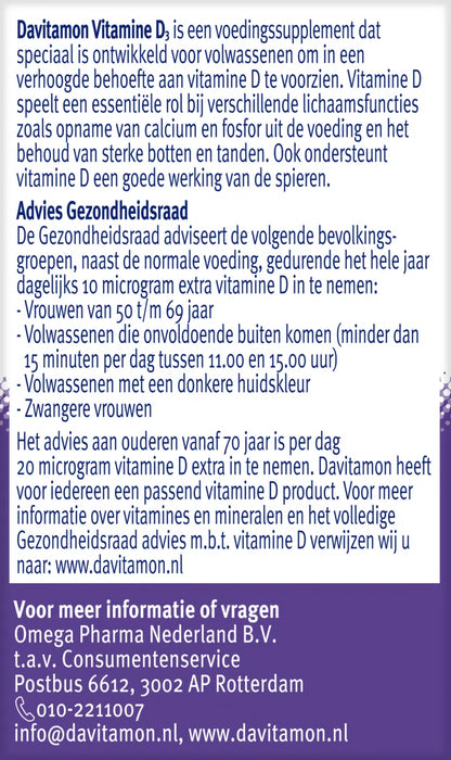 Davitamon Vitamine D3 volwassenen 10mcg (75 smelttabletten)
